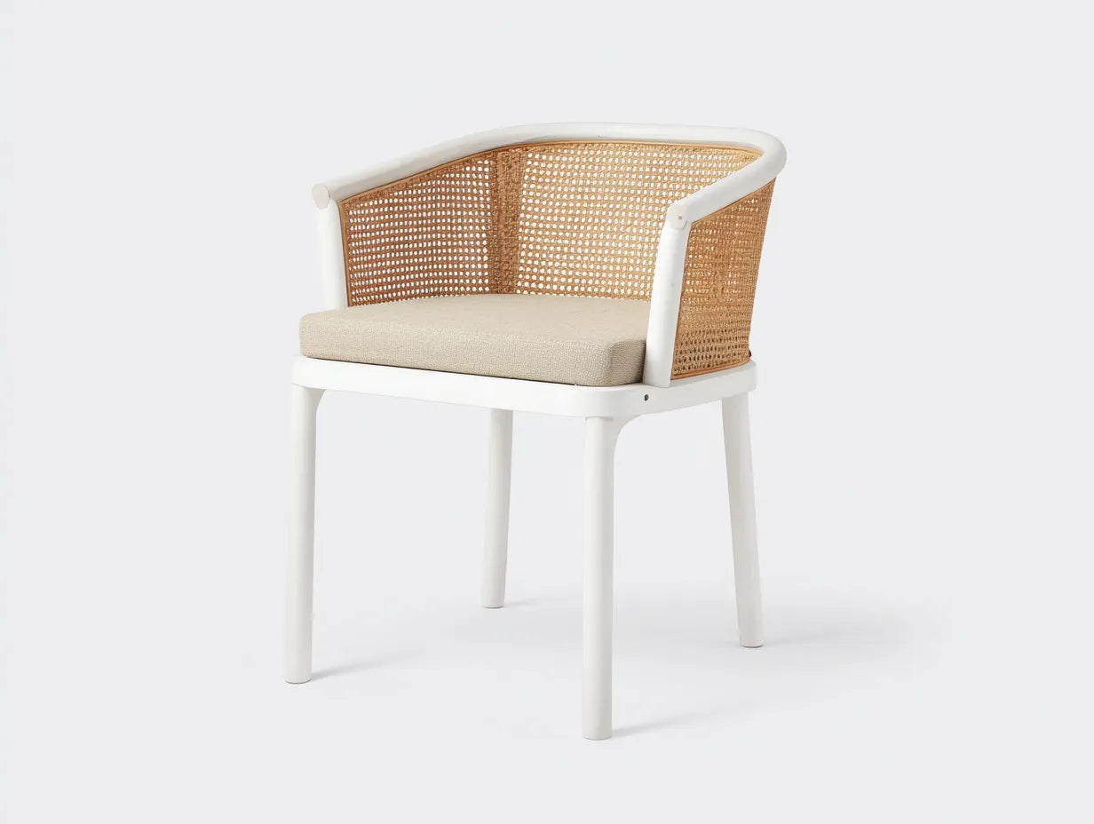 Silla de Comedor curva con ratán 58x56x80 cm - blanco y natural - asiento beige para comedor