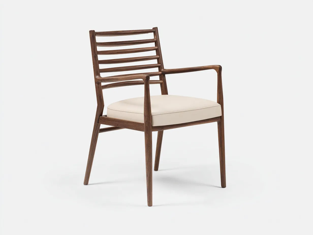 Silla de Comedor con respaldo de listones 57x56x84 cm - nogal y beige claro - brazos abiertos