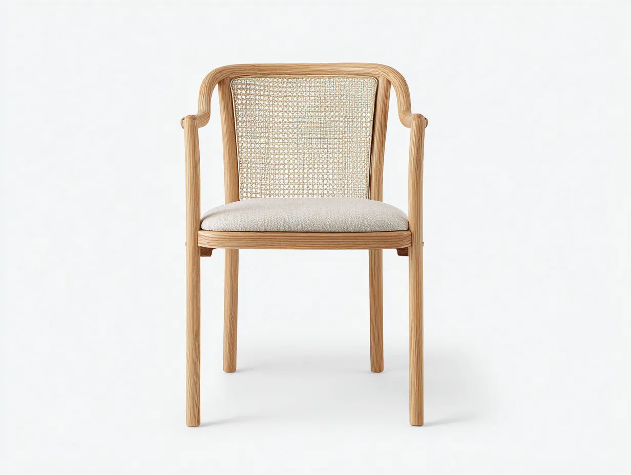 Silla de Comedor con ratán trenzado 56x55x82 cm - madera natural y beige - brazos curvos para comedor