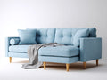 Sofá en Esquina para salón 280x160x88 cm - tejido azul cielo - respaldo con botones y patas de madera clara