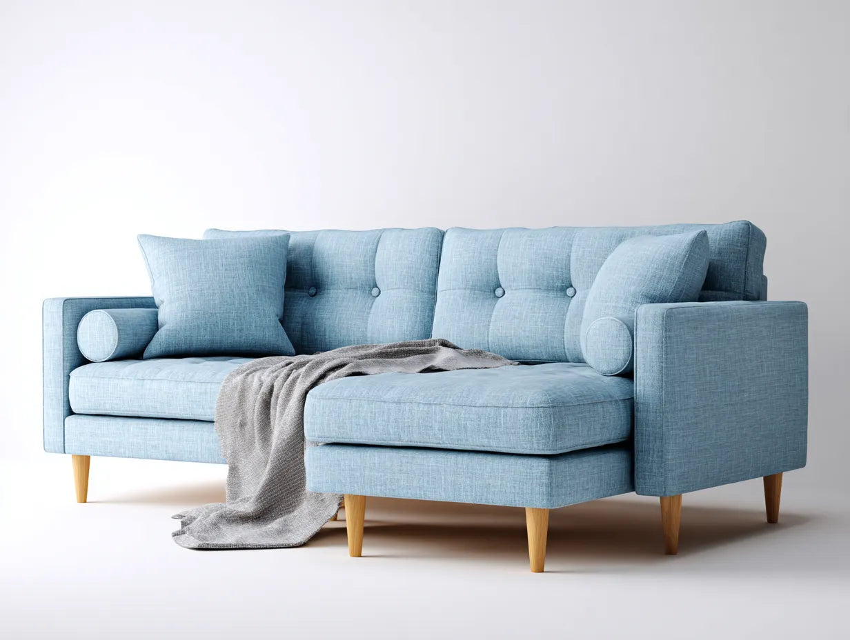 Sofá en Esquina para salón 280x160x88 cm - tejido azul cielo - respaldo con botones y patas de madera clara