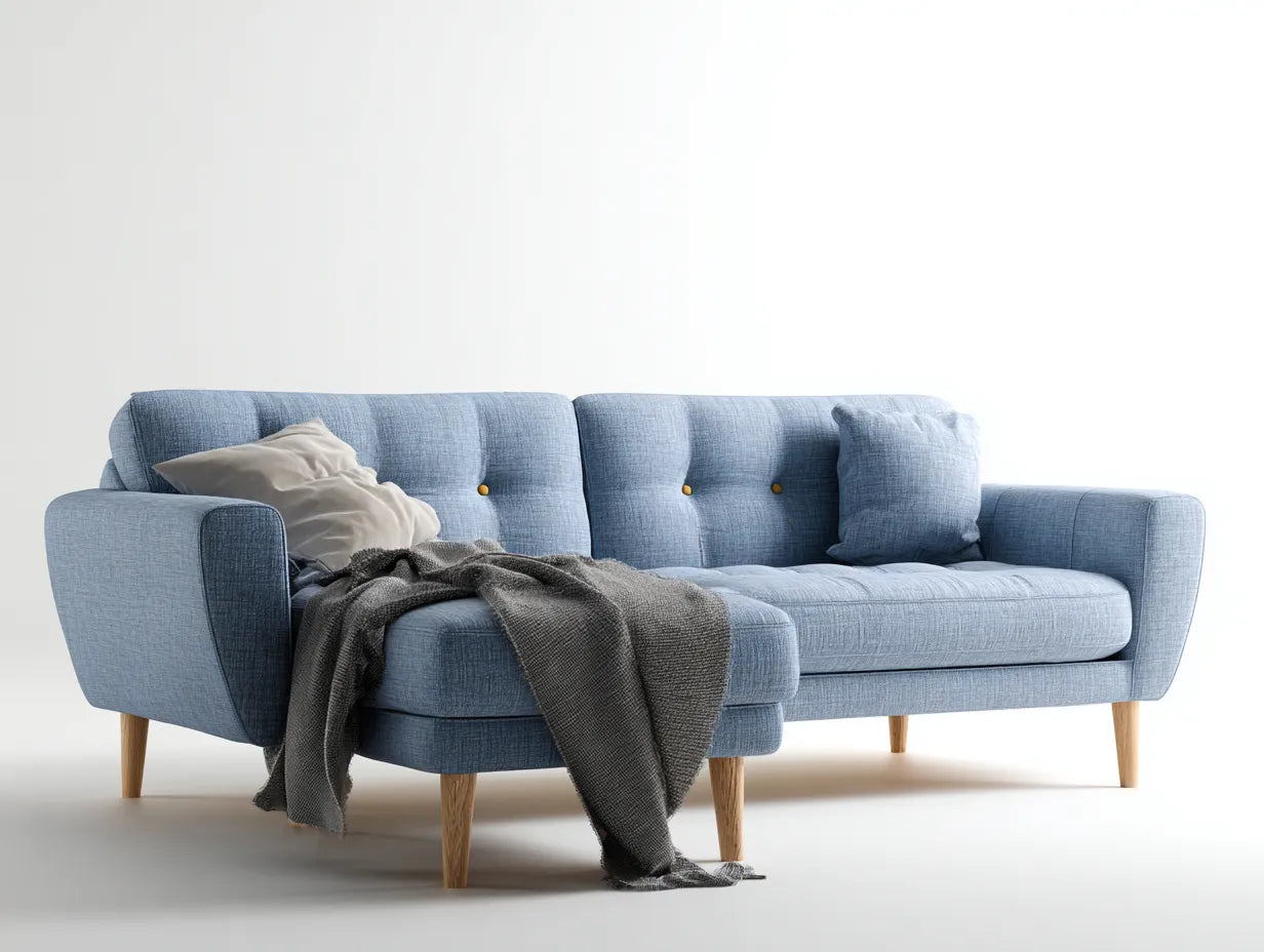 Sofá en Esquina para salón 286x164x86 cm - tejido azul claro - chaise longue y patas de madera natural