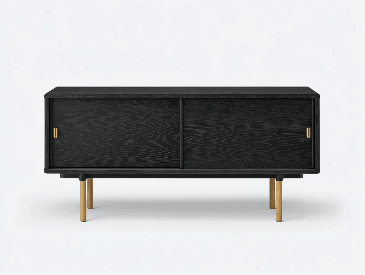 Aparador de Comedor negro 160x42x76 cm - roble negro y dorado - 2 puertas correderas