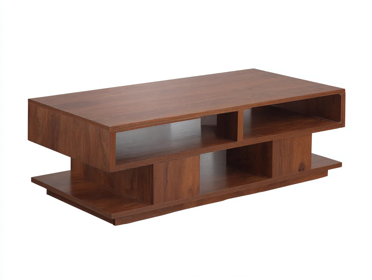Mesa de Centro con estantes abiertos 130x65x38 cm - nogal cálido - diseño geométrico para salón