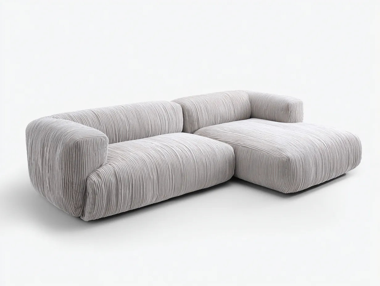 Sofá en Esquina para salón 284x168x74 cm - pana beige claro - brazos redondeados y chaise longue de perfil bajo