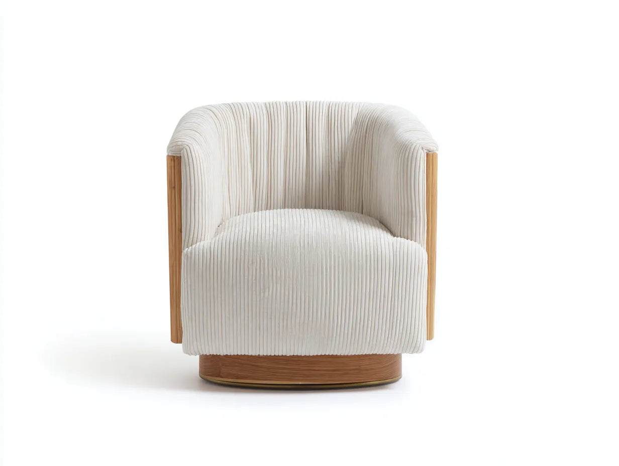 Silla de Relax giratoria de pana 86x82x78 cm - crema y madera natural - respaldo envolvente para salón