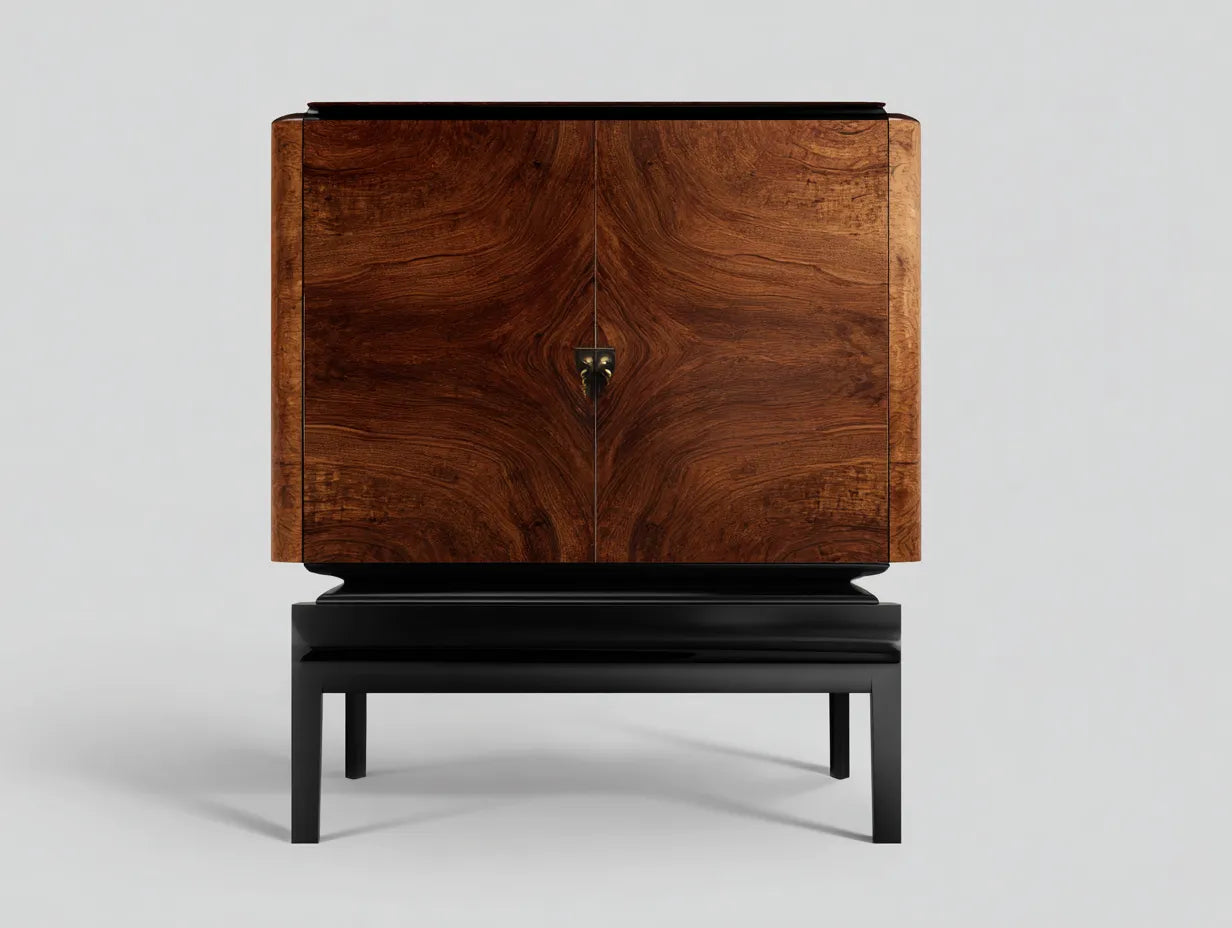 Aparador de Comedor elegante 110x45x120 cm - madera oscura y negro - 2 puertas sobre base elevada