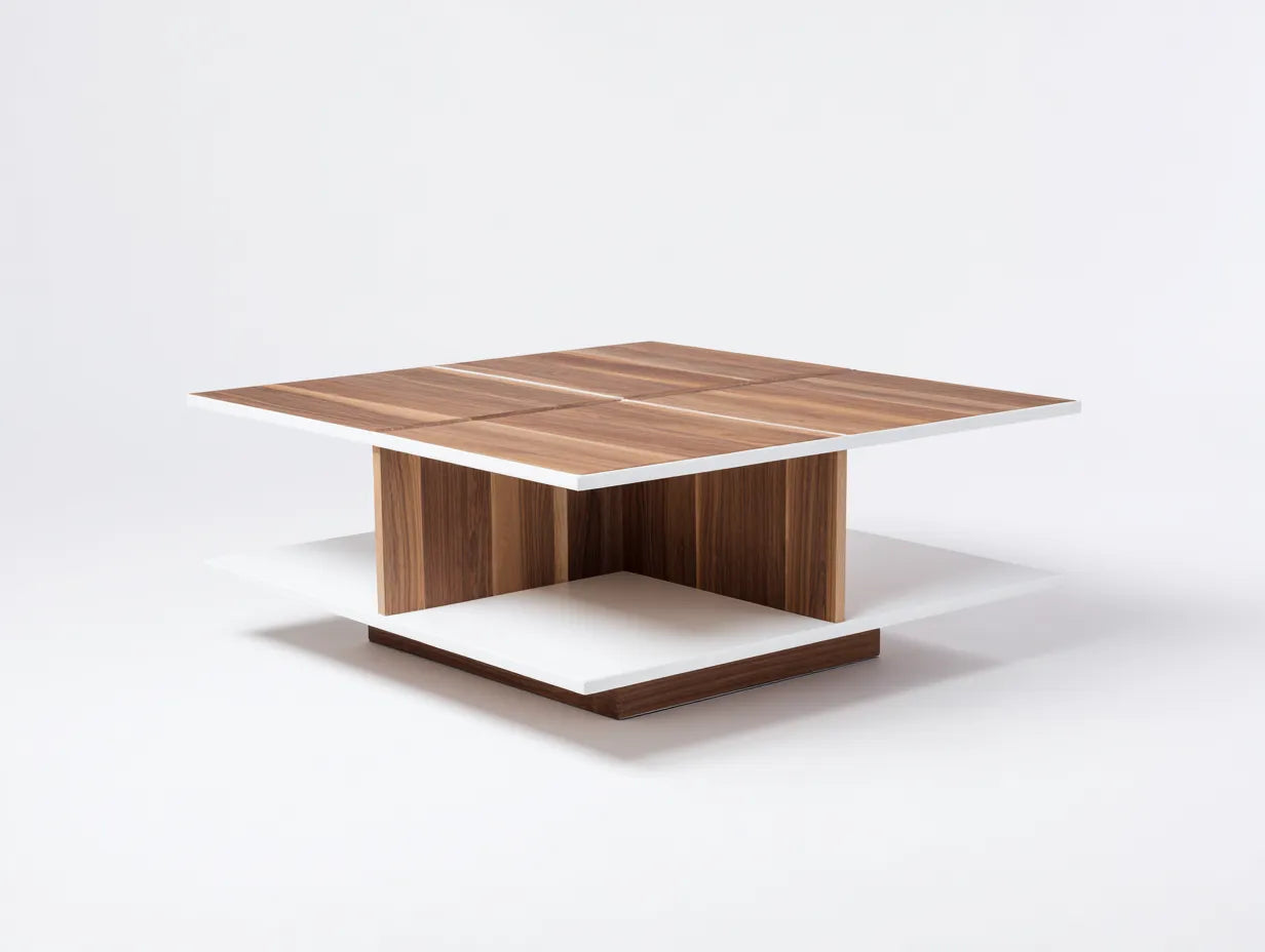 Mesa de Centro cuadrada 100x100x40 cm - blanco y nogal - diseño central para salón