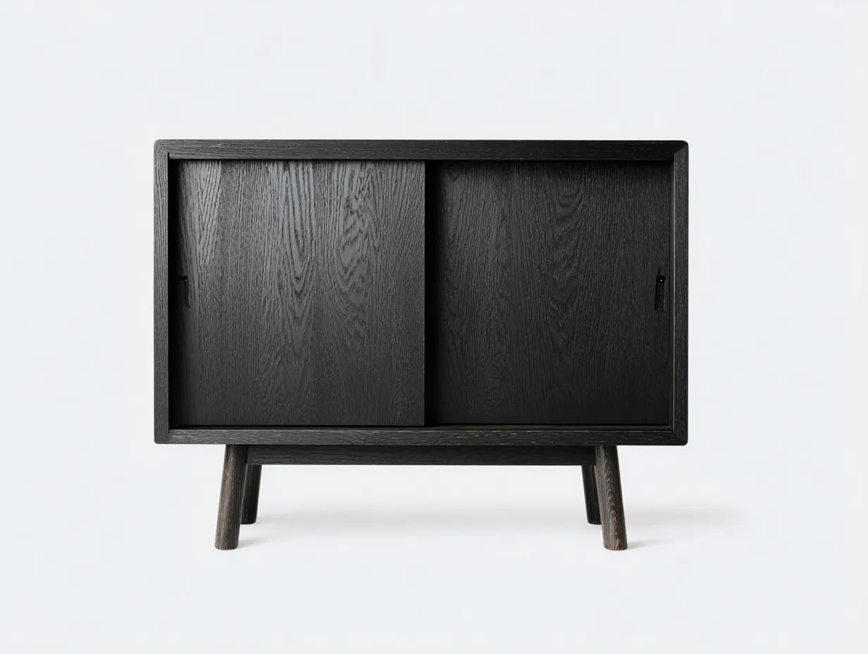 Aparador de Comedor compacto 120x40x82 cm - roble negro - 2 puertas correderas con patas inclinadas