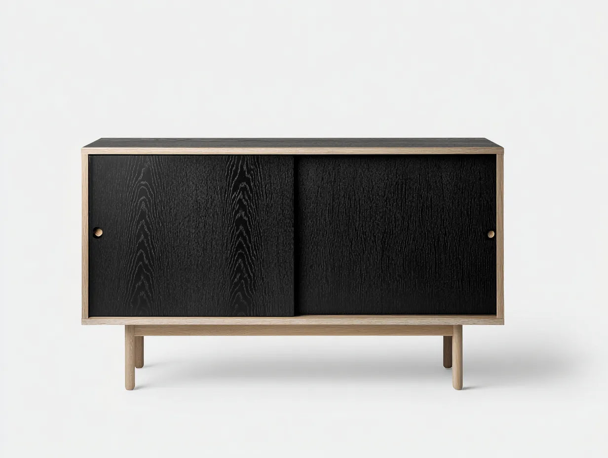 Aparador de Comedor bicolor 145x40x78 cm - negro y roble claro - 2 puertas correderas