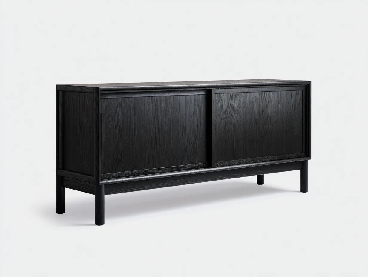 Aparador de Comedor largo 170x42x70 cm - negro mate - 2 puertas correderas de roble texturizado